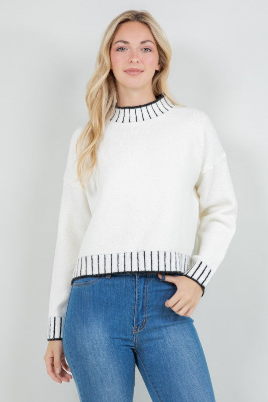 Contrast Trim Mock Neck Sweater