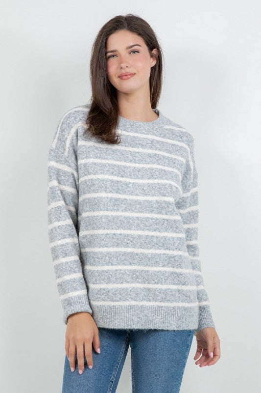 Fuzzy Striped Crew Sweater