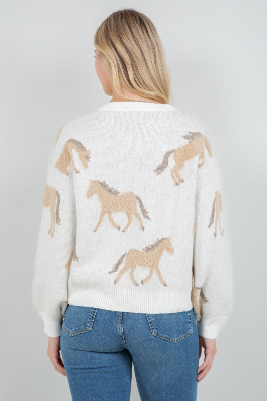 Fuzzy Horse Jacquard Knit Sweater