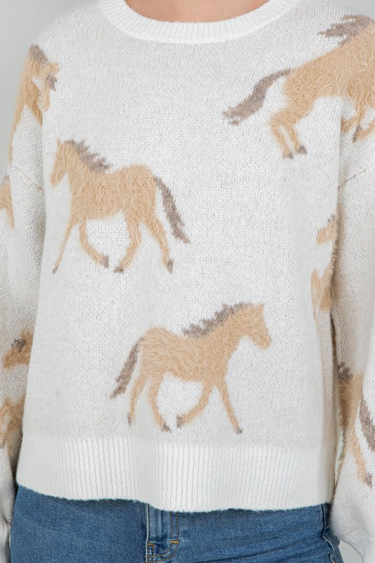 Fuzzy Horse Jacquard Knit Sweater
