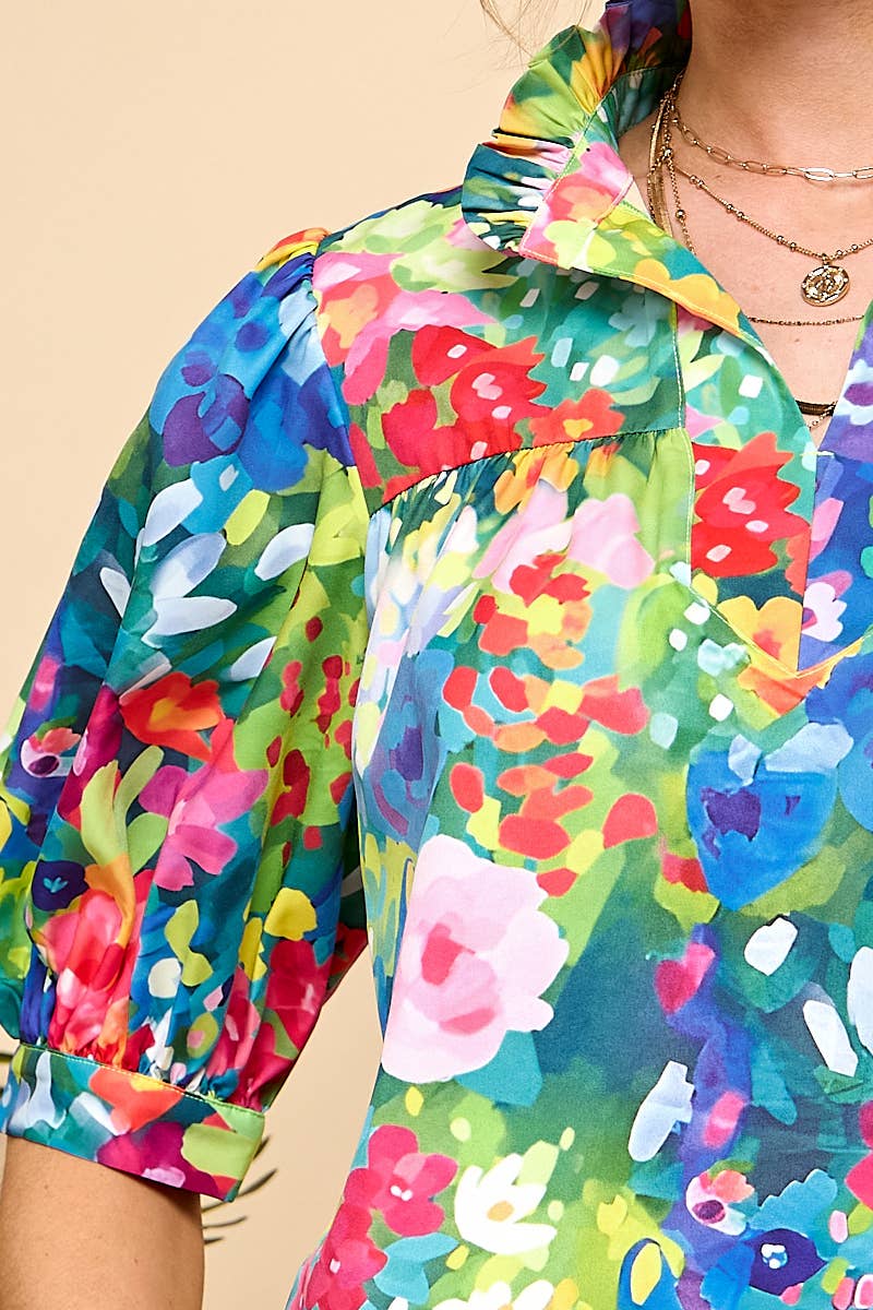 Bold Floral Puff Sleeve Blouse