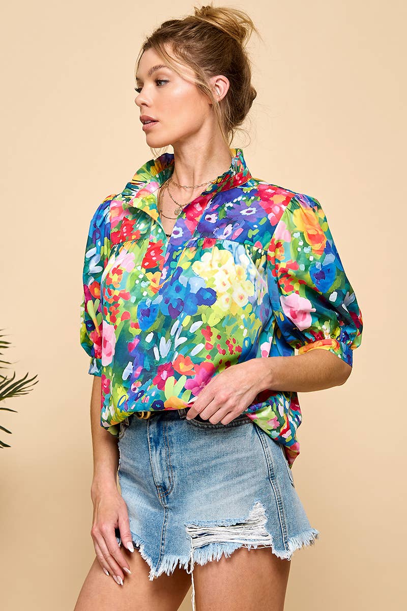 Bold Floral Puff Sleeve Blouse