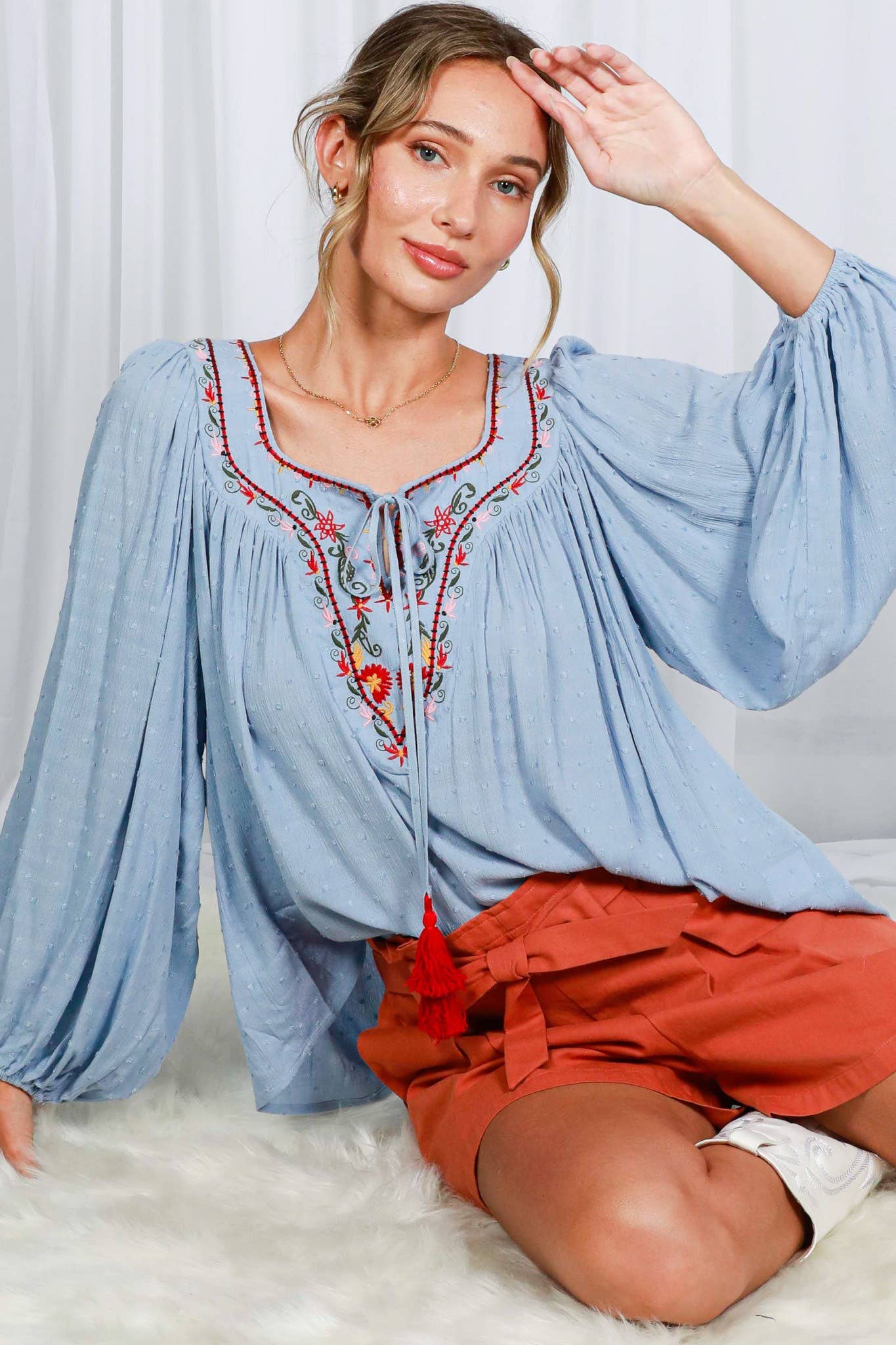 Square Tie Neck With Tassel Embroidered Bohemian Top VT82510