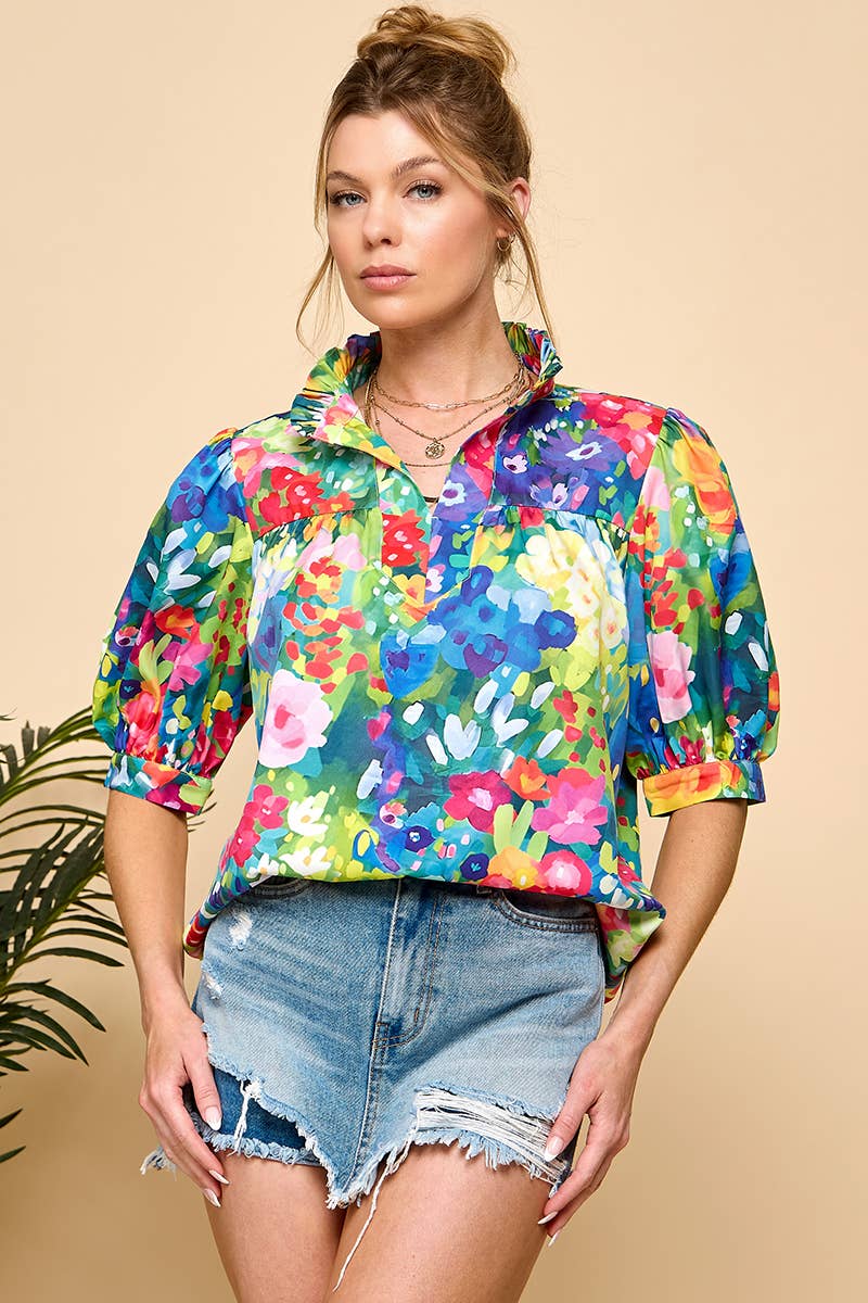 Bold Floral Puff Sleeve Blouse