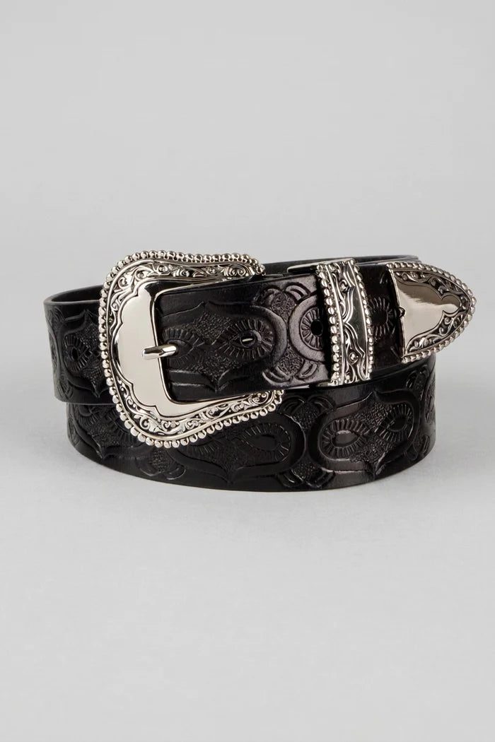 JOLENE - Embossed Leather Western Plaque Belt