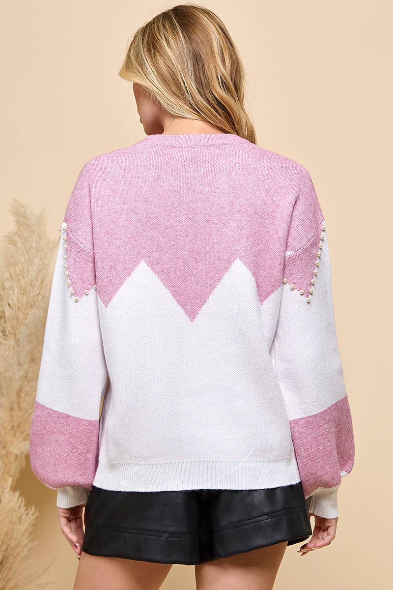 Pearl Beaded Color Block Sweater