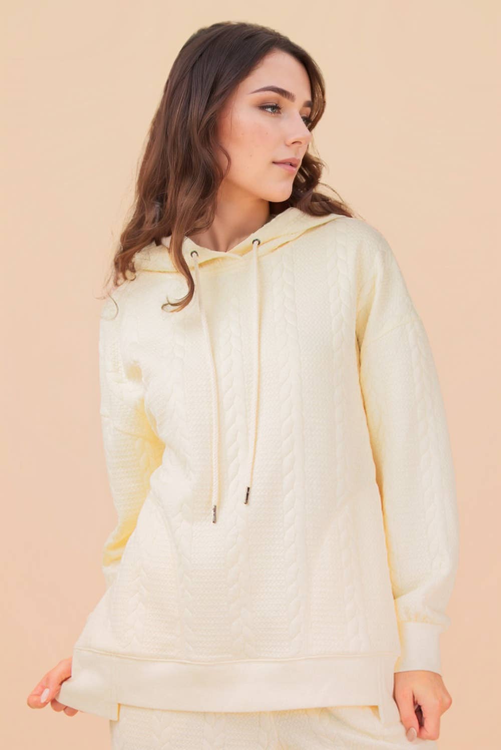 NT12340-Oversized Cable Knit Textured Knit Hoodie Top