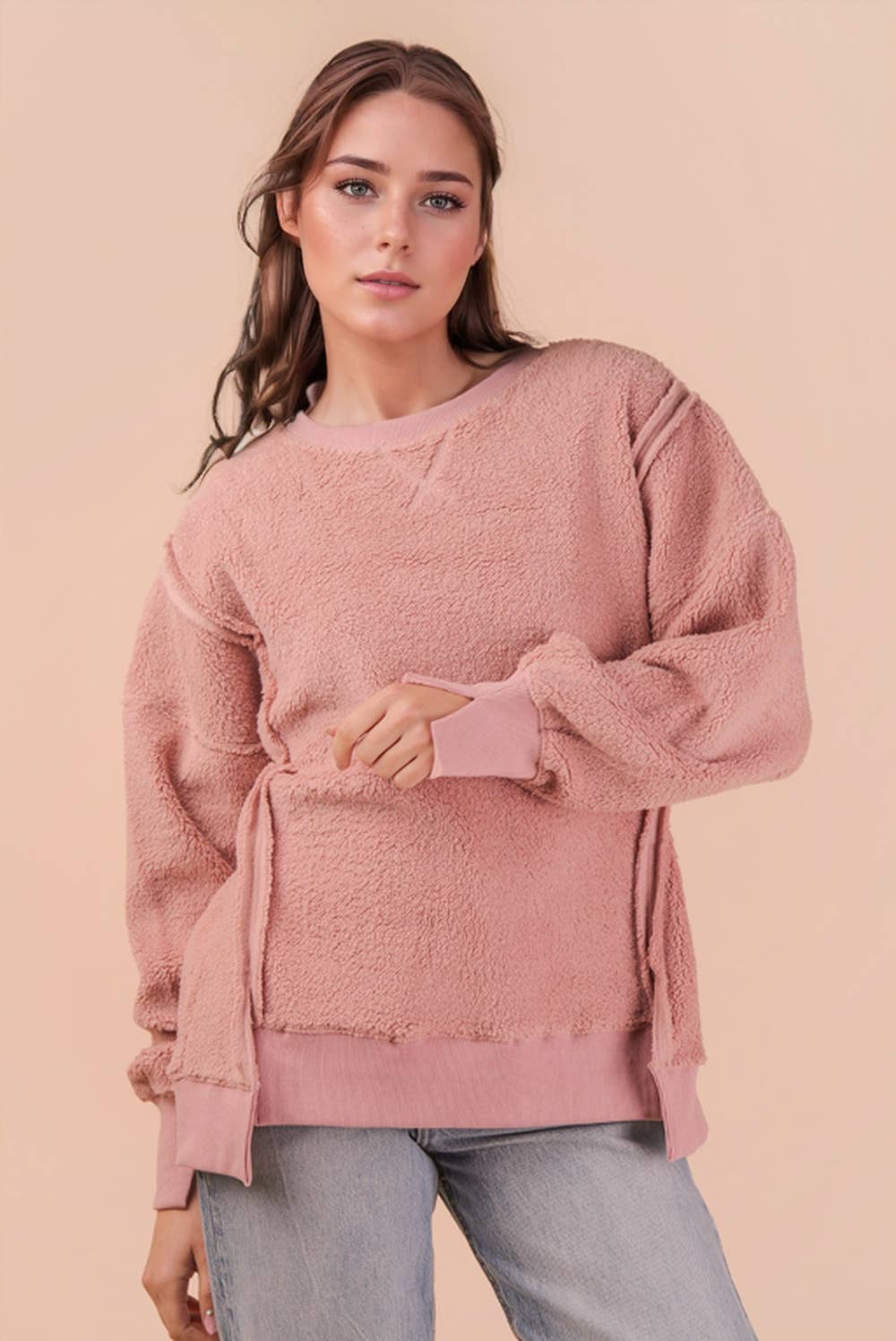 NT12367-Oversized Casual Solid Fleece Top