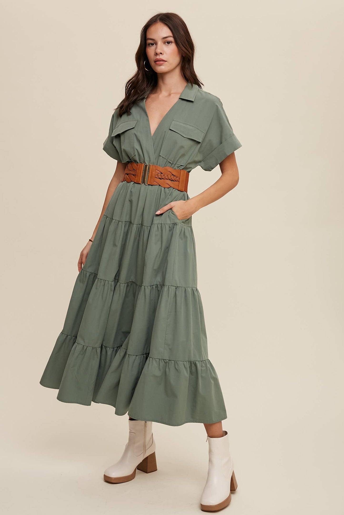 Utility Tiered Shirt Maxi Dress