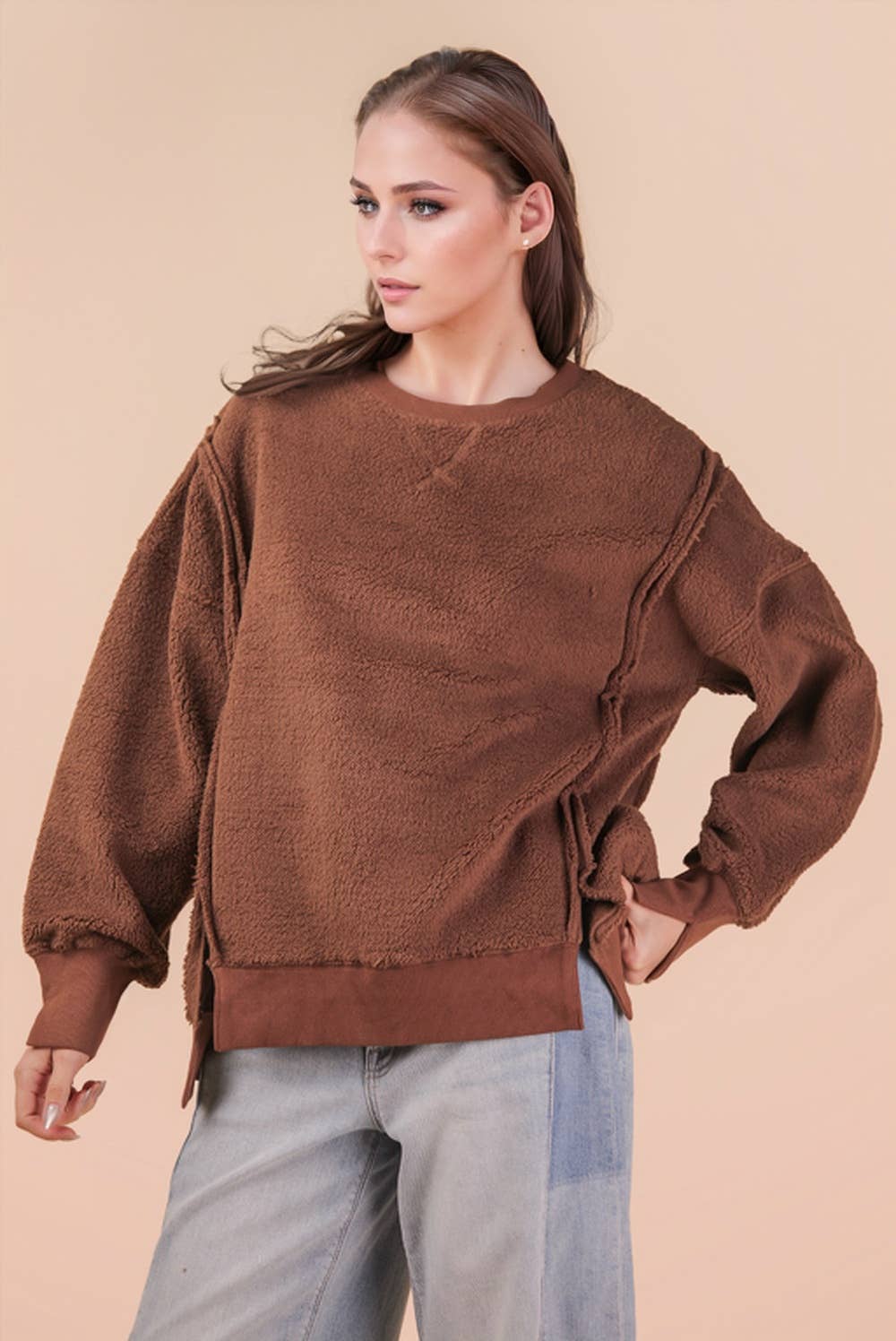NT12367-Oversized Casual Solid Fleece Top