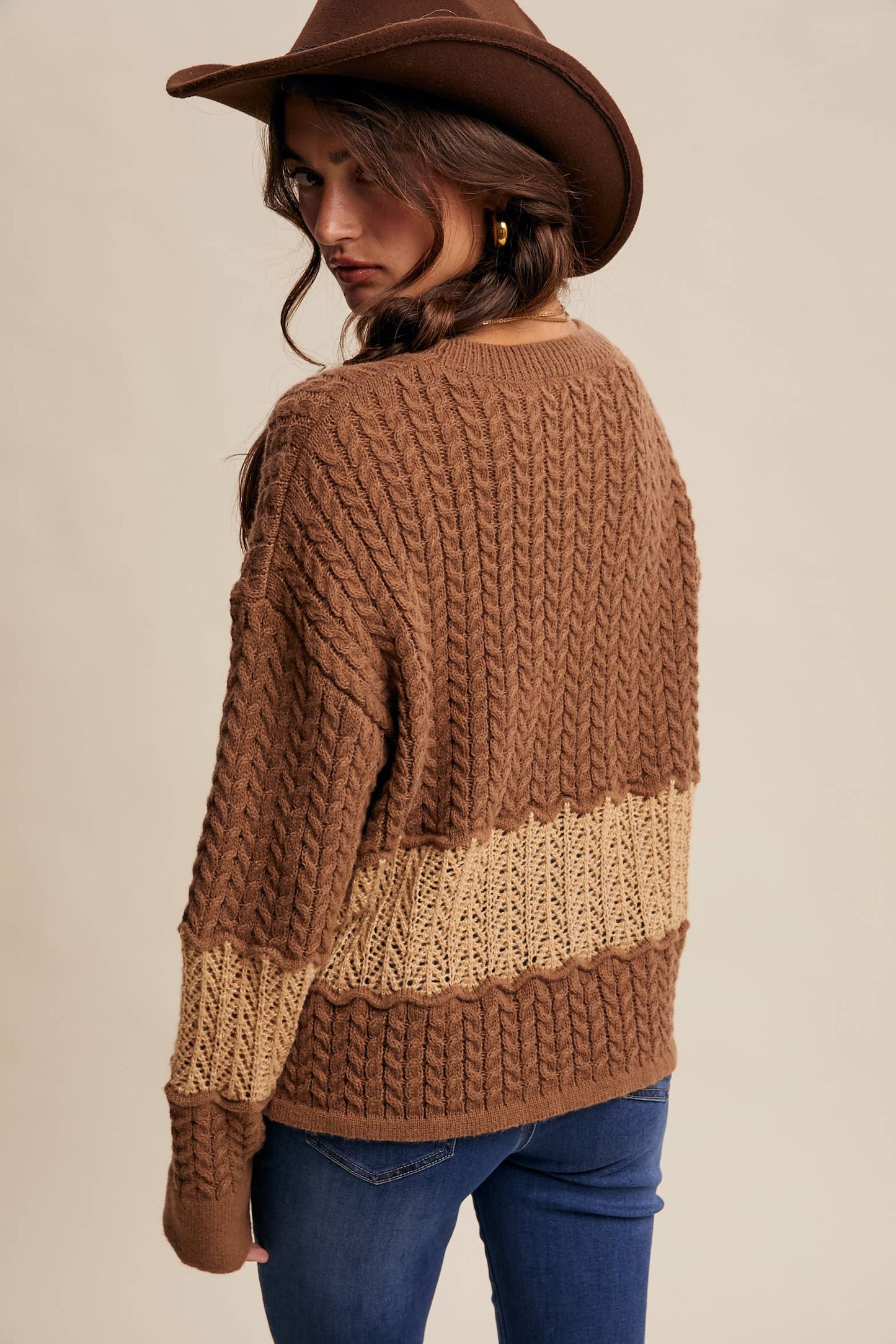 Colorblock Cable Knit Sweater