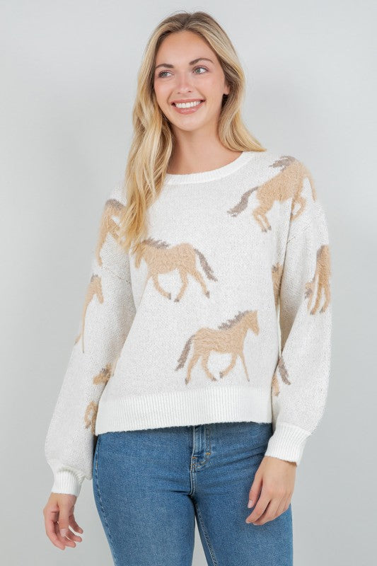 Fuzzy Horse Jacquard Knit Sweater