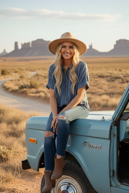 Frayed Trim Denim Button Top