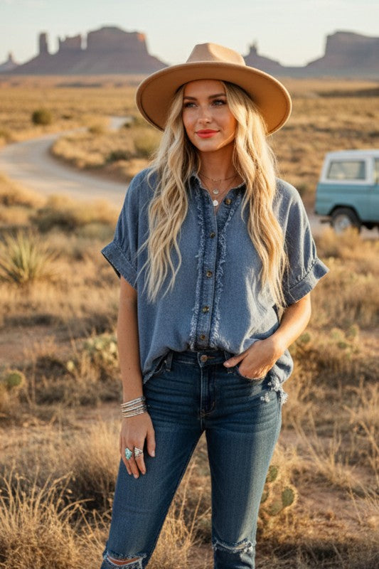 Frayed Trim Denim Button Top