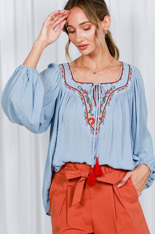 Square Tie Neck With Tassel Embroidered Bohemian Top VT82510