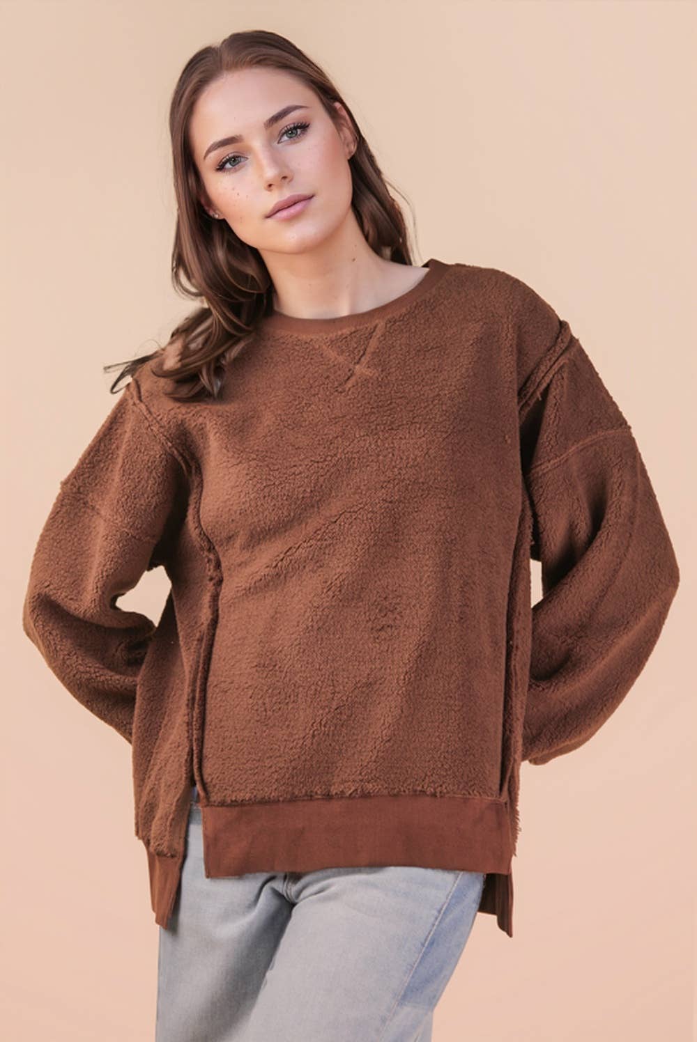 NT12367-Oversized Casual Solid Fleece Top