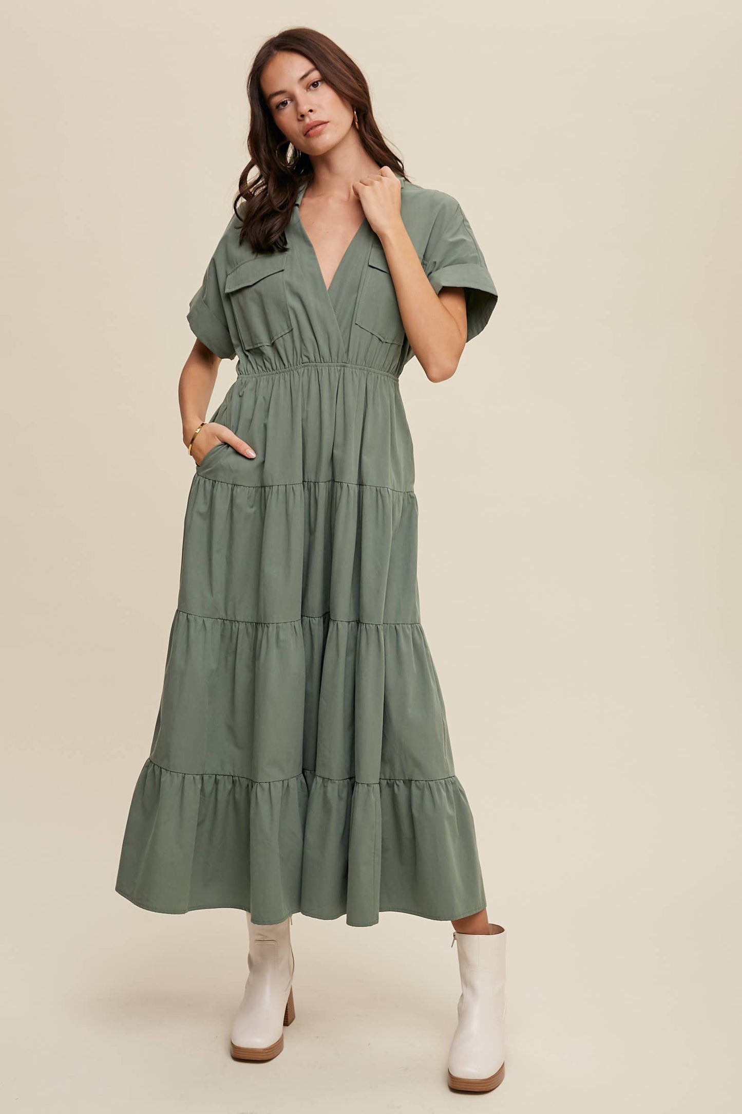 Utility Tiered Shirt Maxi Dress