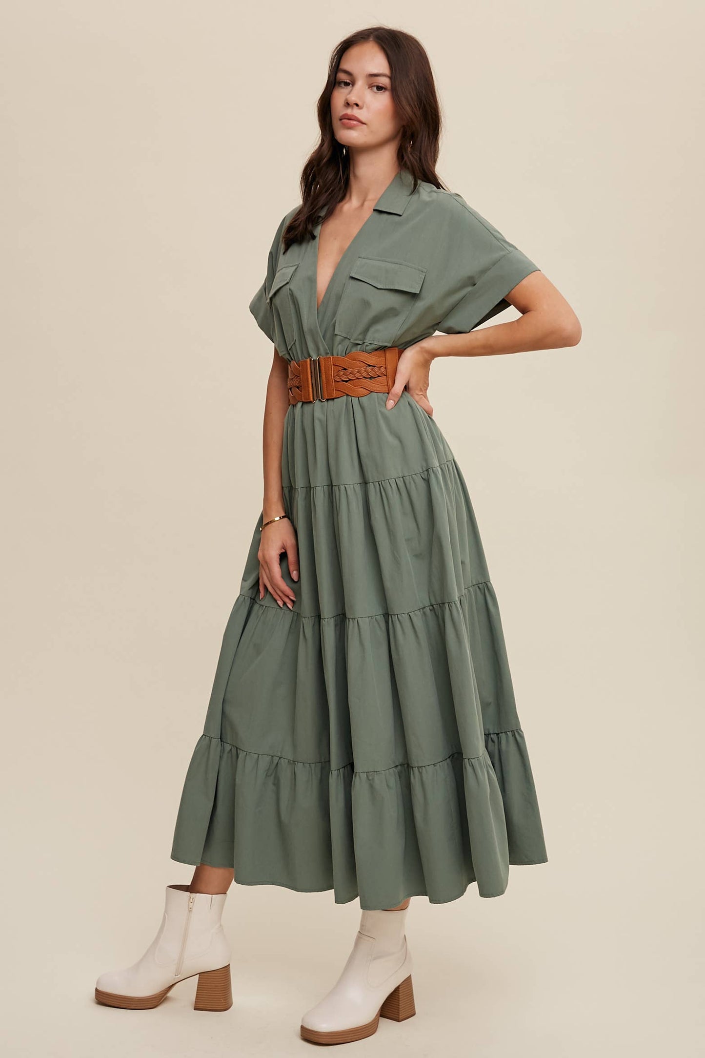Utility Tiered Shirt Maxi Dress