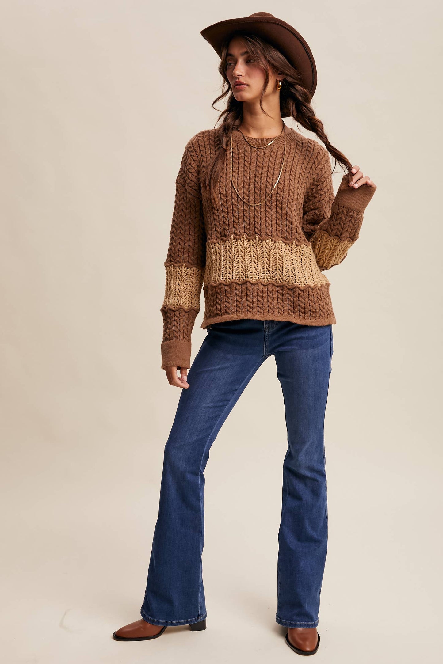 Colorblock Cable Knit Sweater