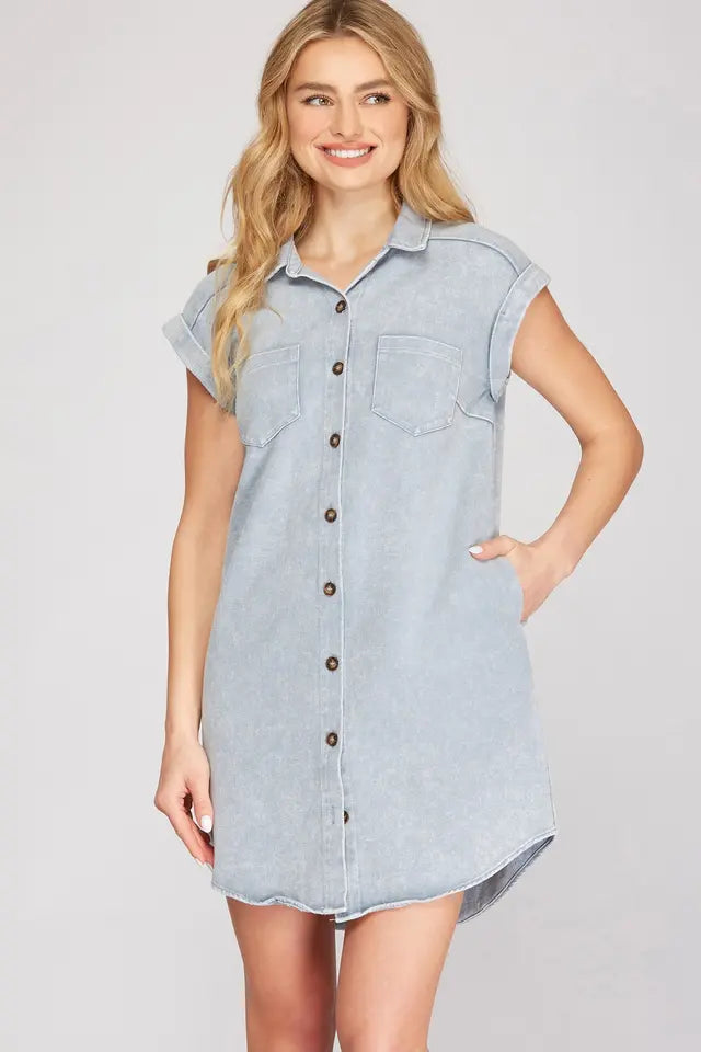 Blue Grey Shirt Dress Sy1077