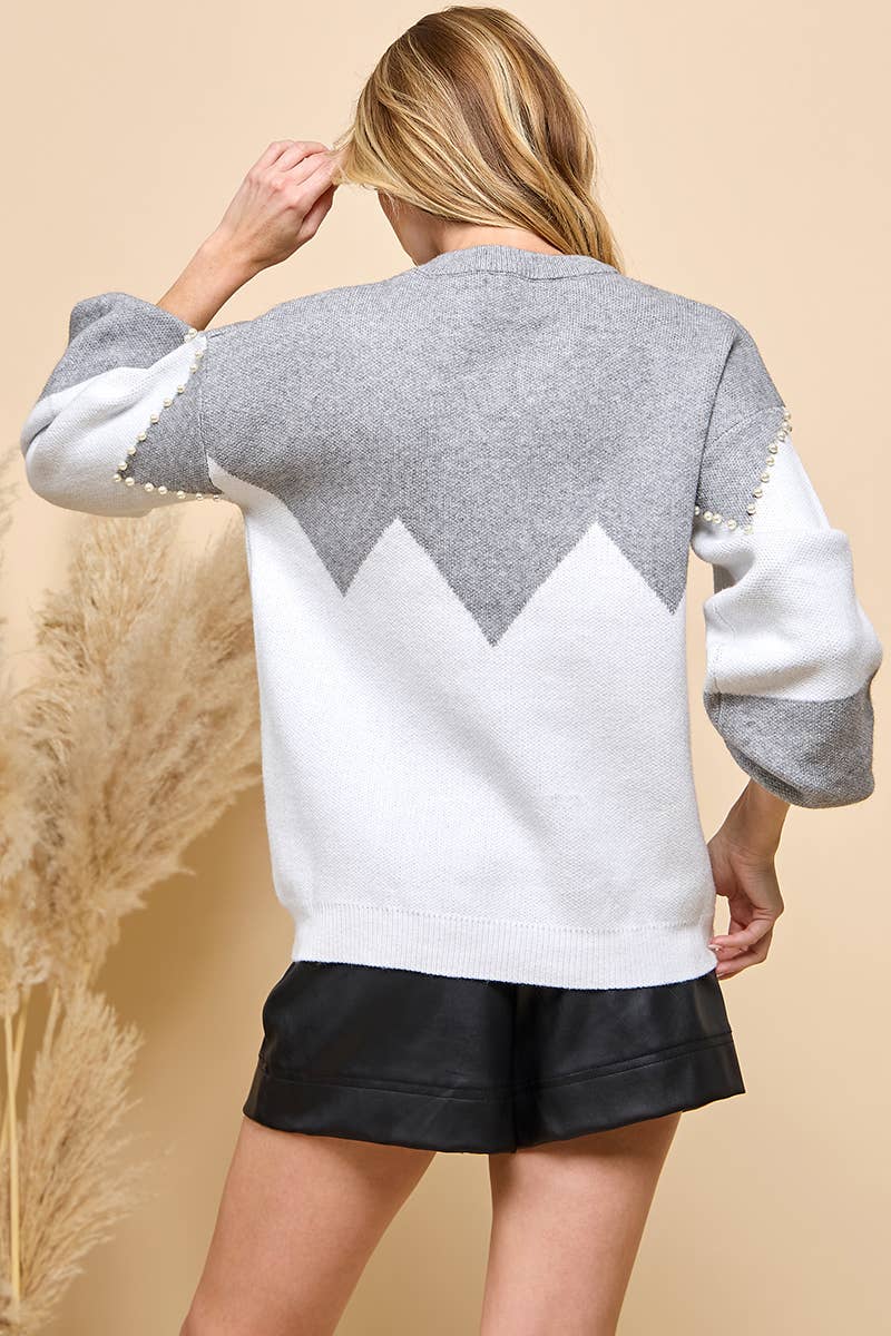 Pearl Beaded Color Block Sweater
