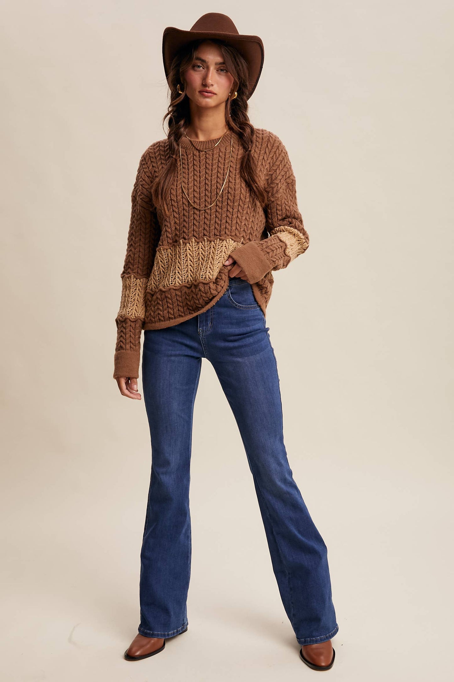 Colorblock Cable Knit Sweater