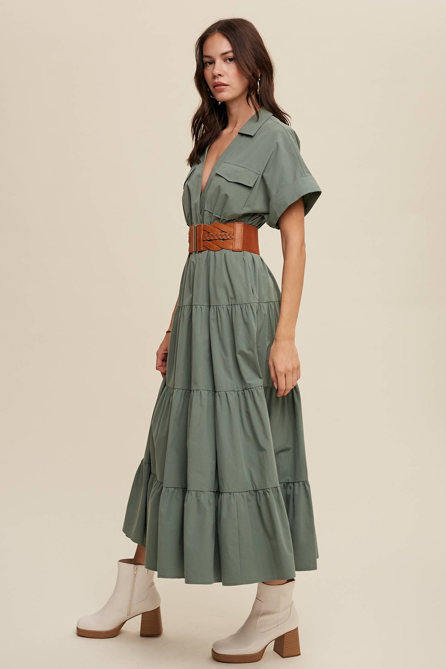 Utility Tiered Shirt Maxi Dress
