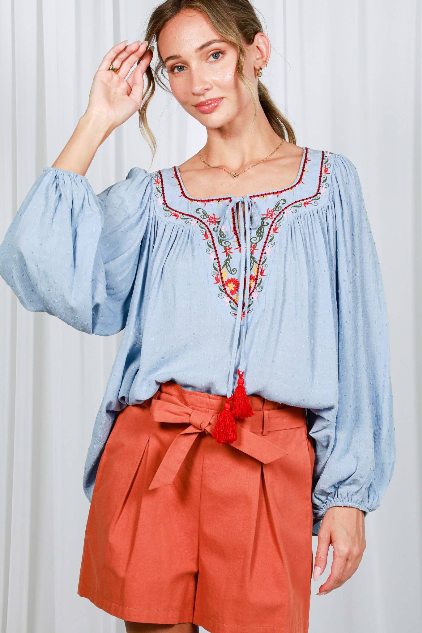 Square Tie Neck With Tassel Embroidered Bohemian Top VT82510