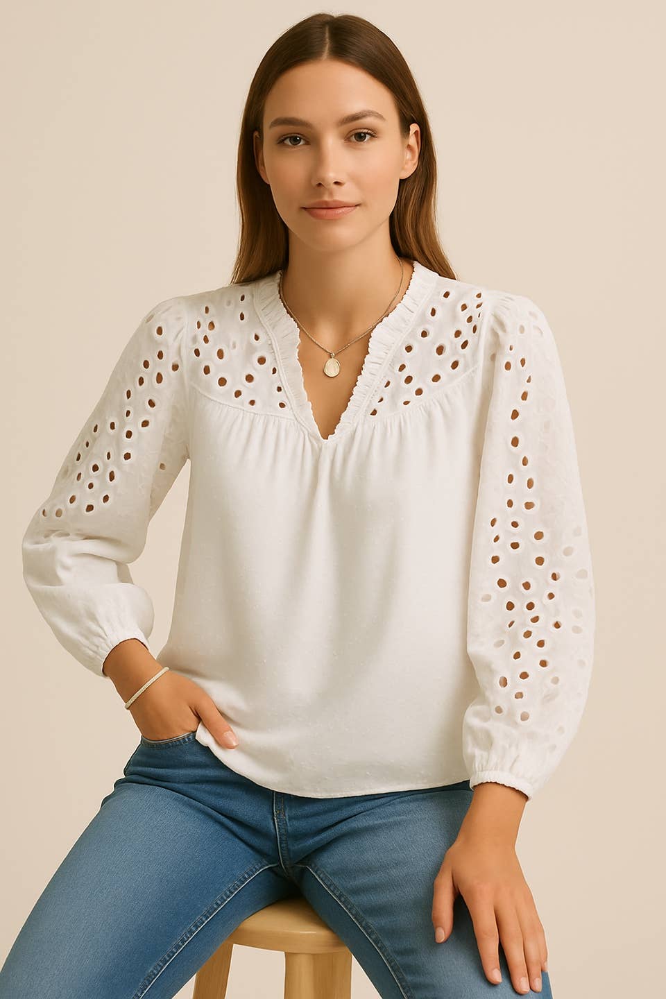 Eyelet Lace Puff Sleeve Blouse