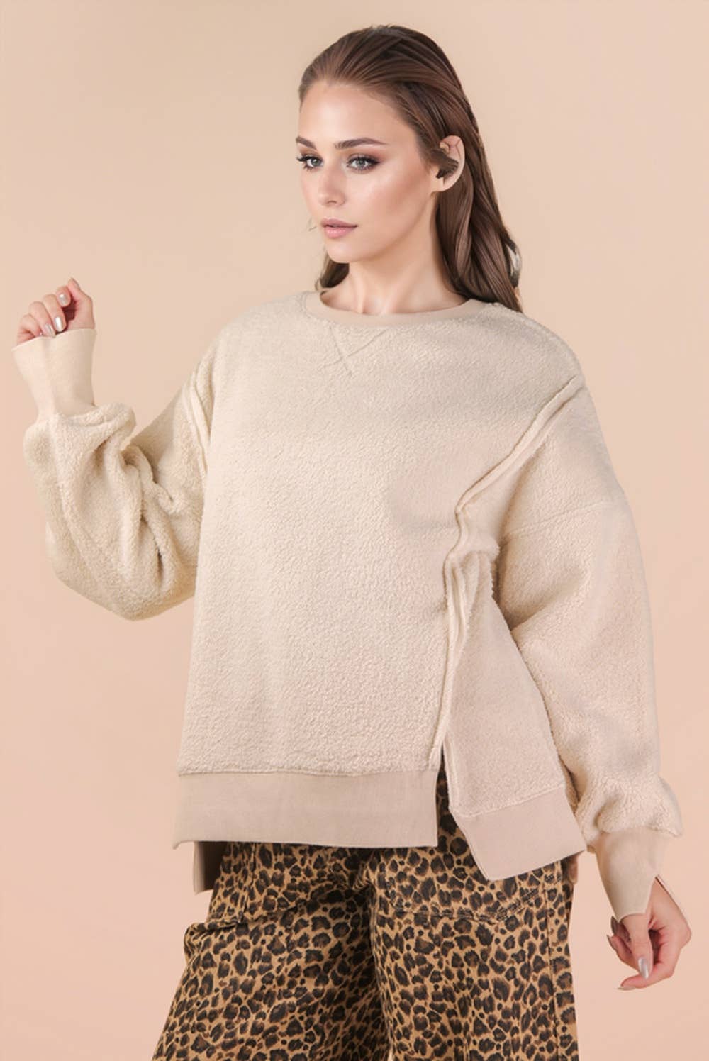 NT12367-Oversized Casual Solid Fleece Top