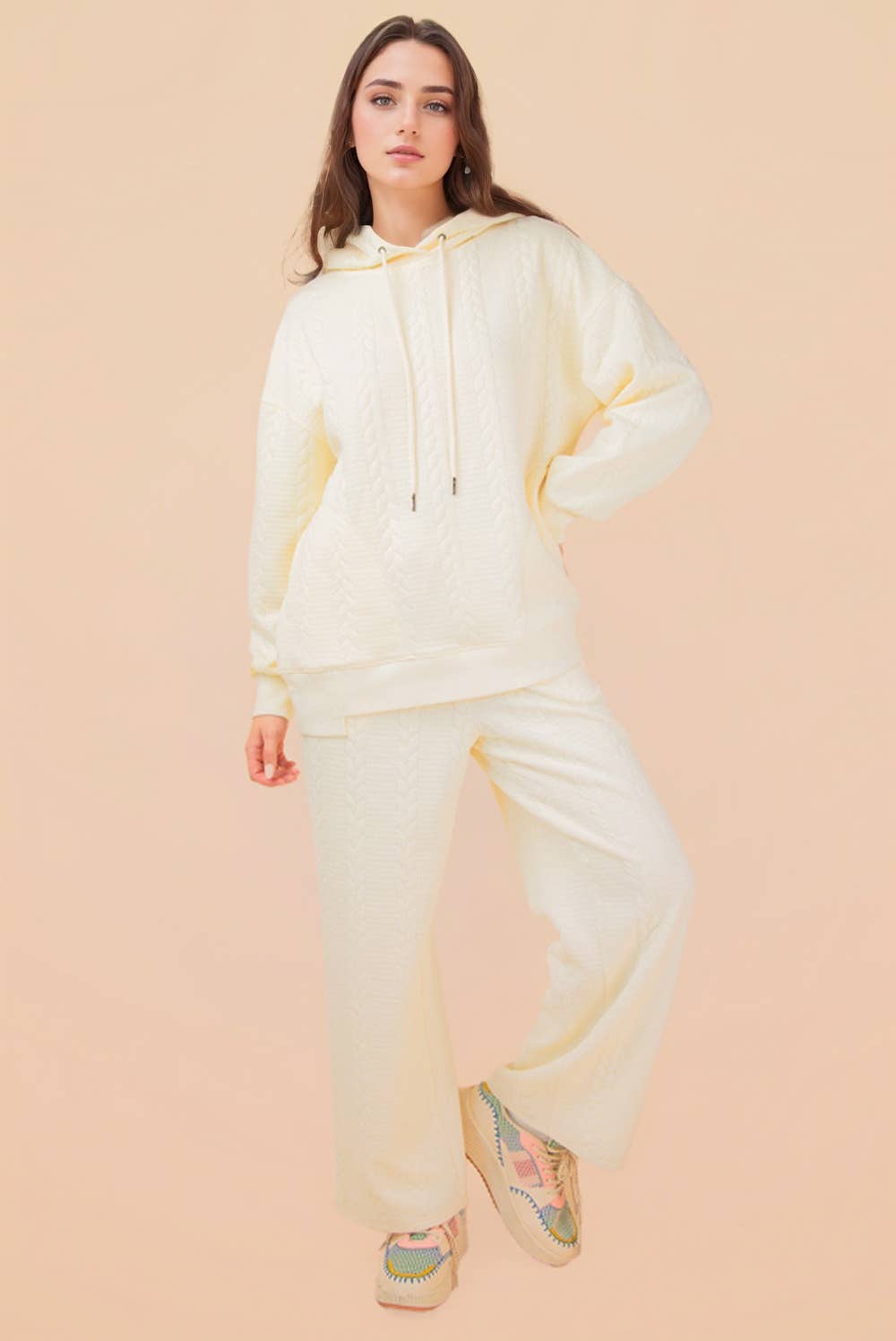 NT12340-Oversized Cable Knit Textured Knit Hoodie Top