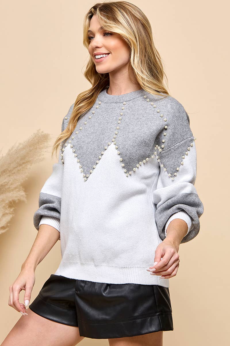 Pearl Beaded Color Block Sweater