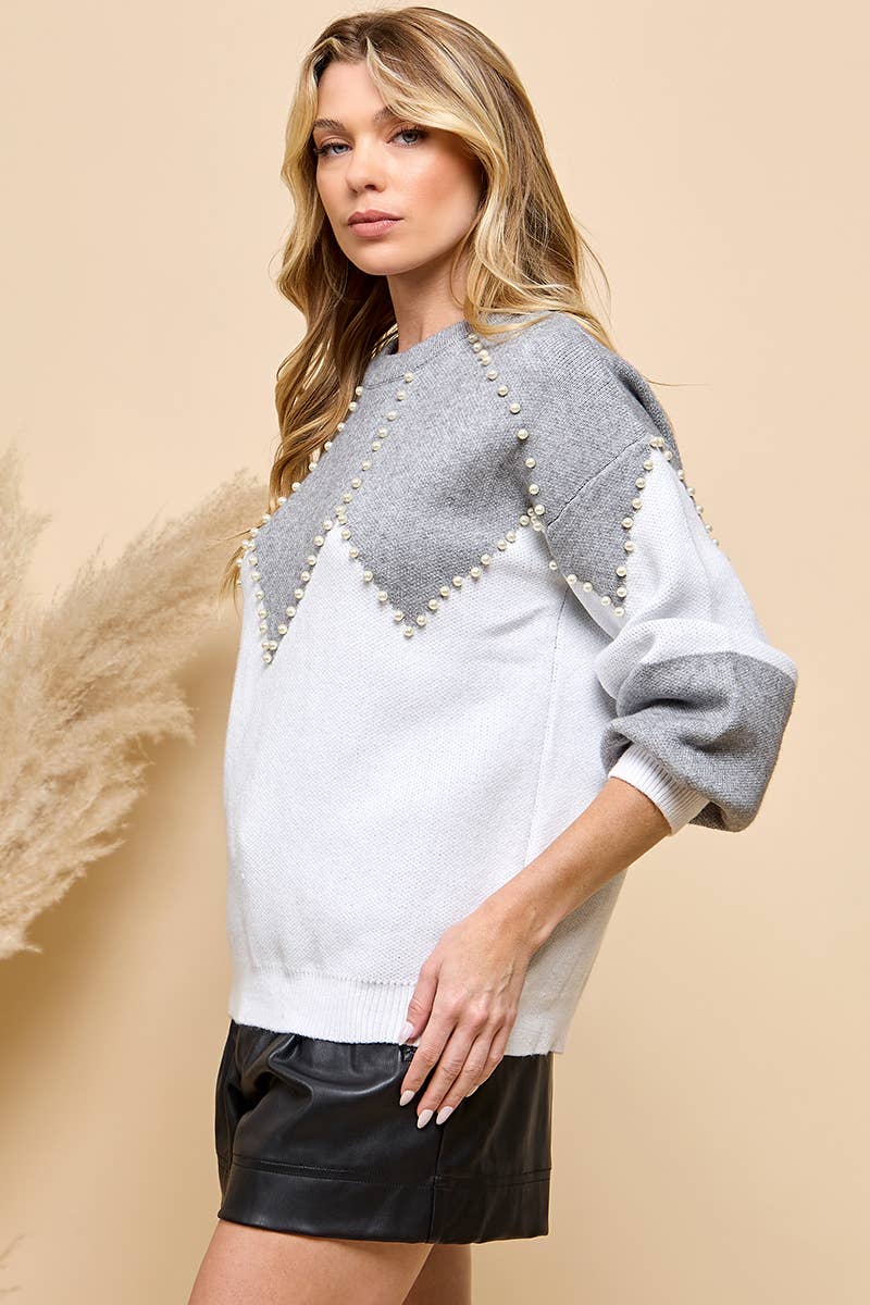 Pearl Beaded Color Block Sweater