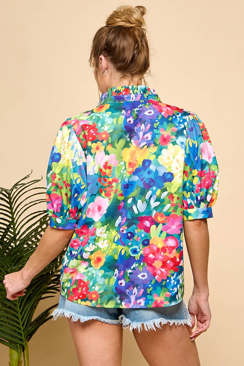 Bold Floral Puff Sleeve Blouse