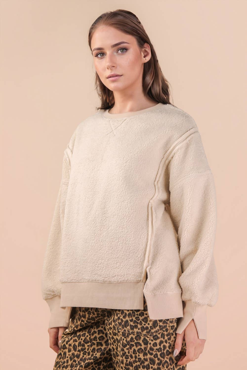 NT12367-Oversized Casual Solid Fleece Top