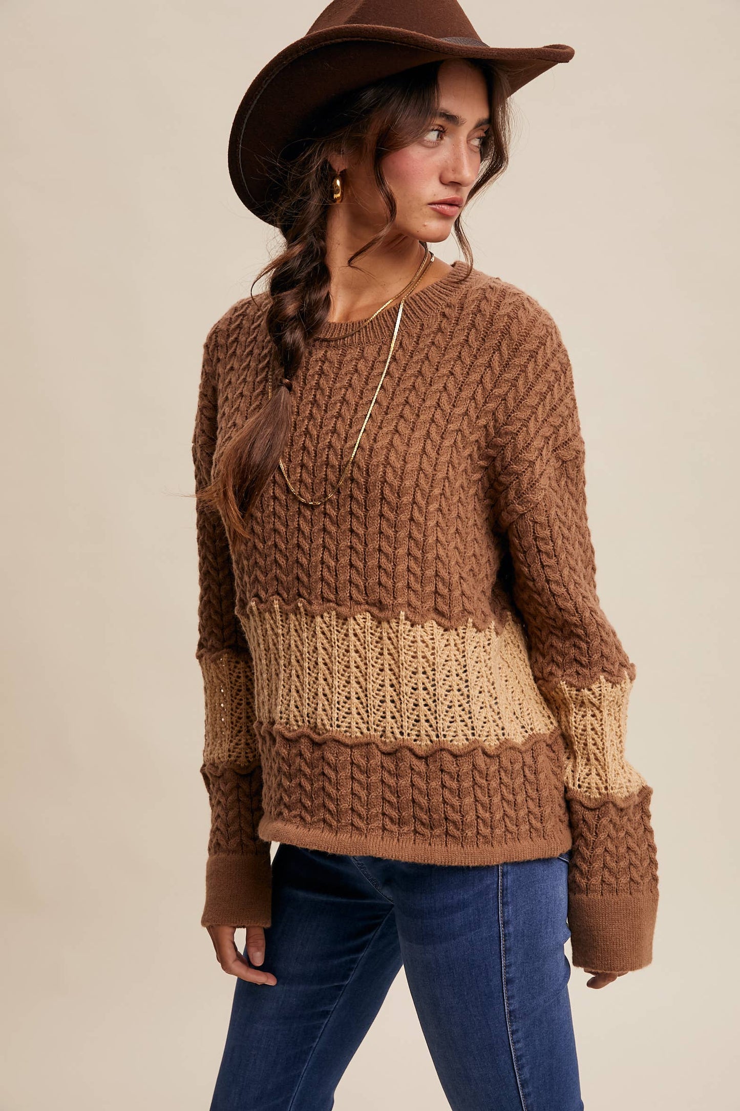 Colorblock Cable Knit Sweater