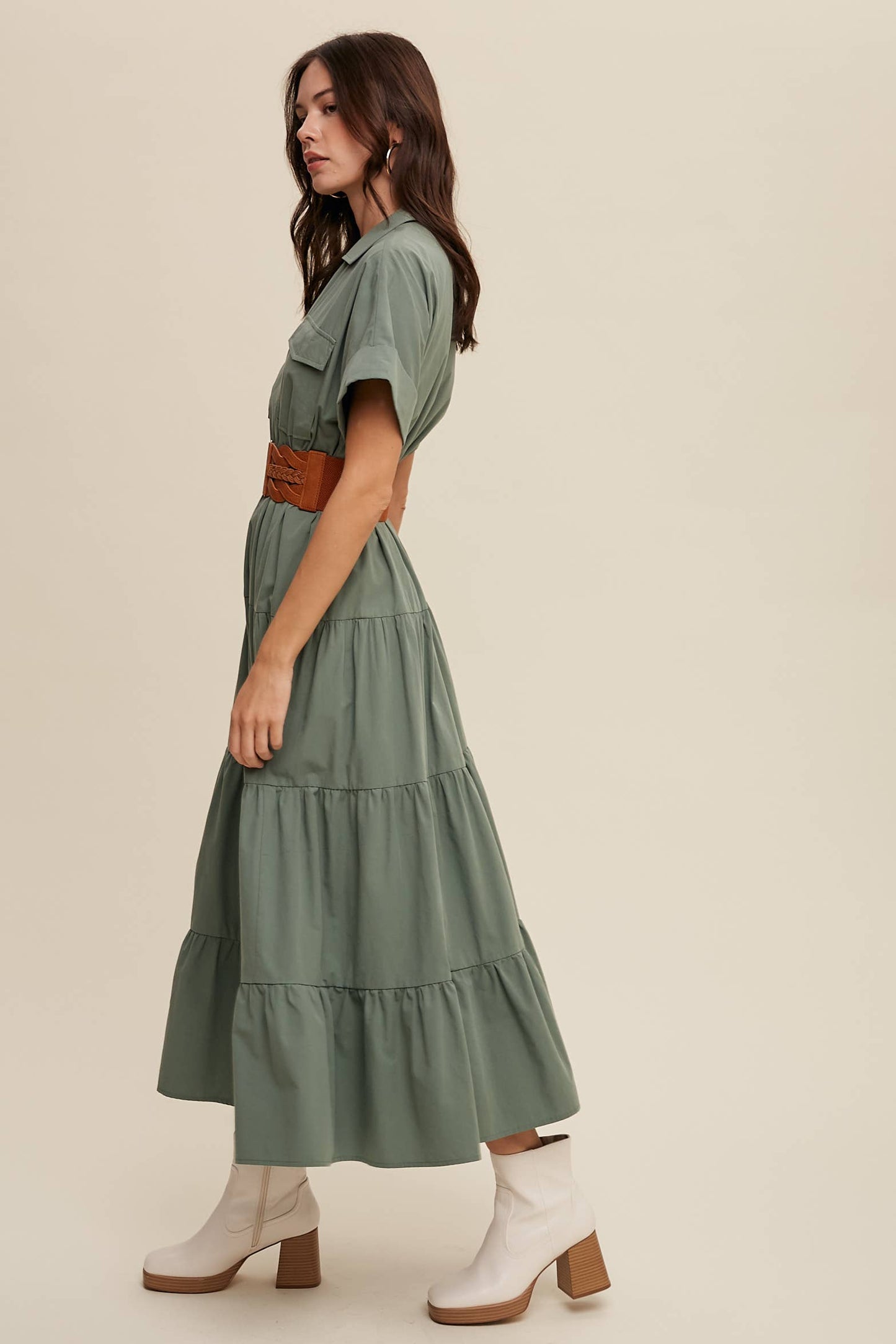 Utility Tiered Shirt Maxi Dress