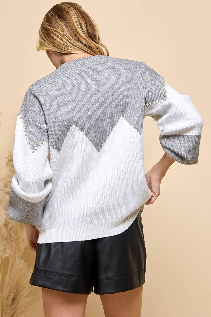 Pearl Beaded Color Block Sweater