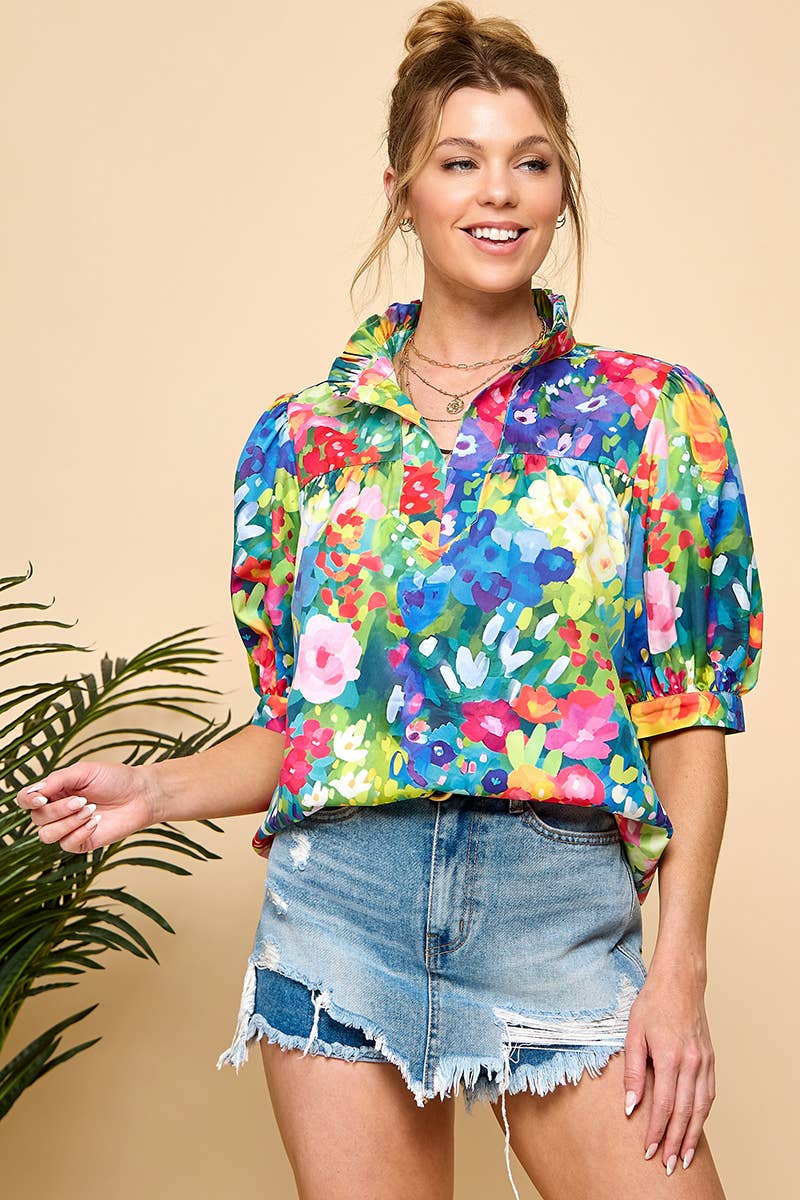 Bold Floral Puff Sleeve Blouse