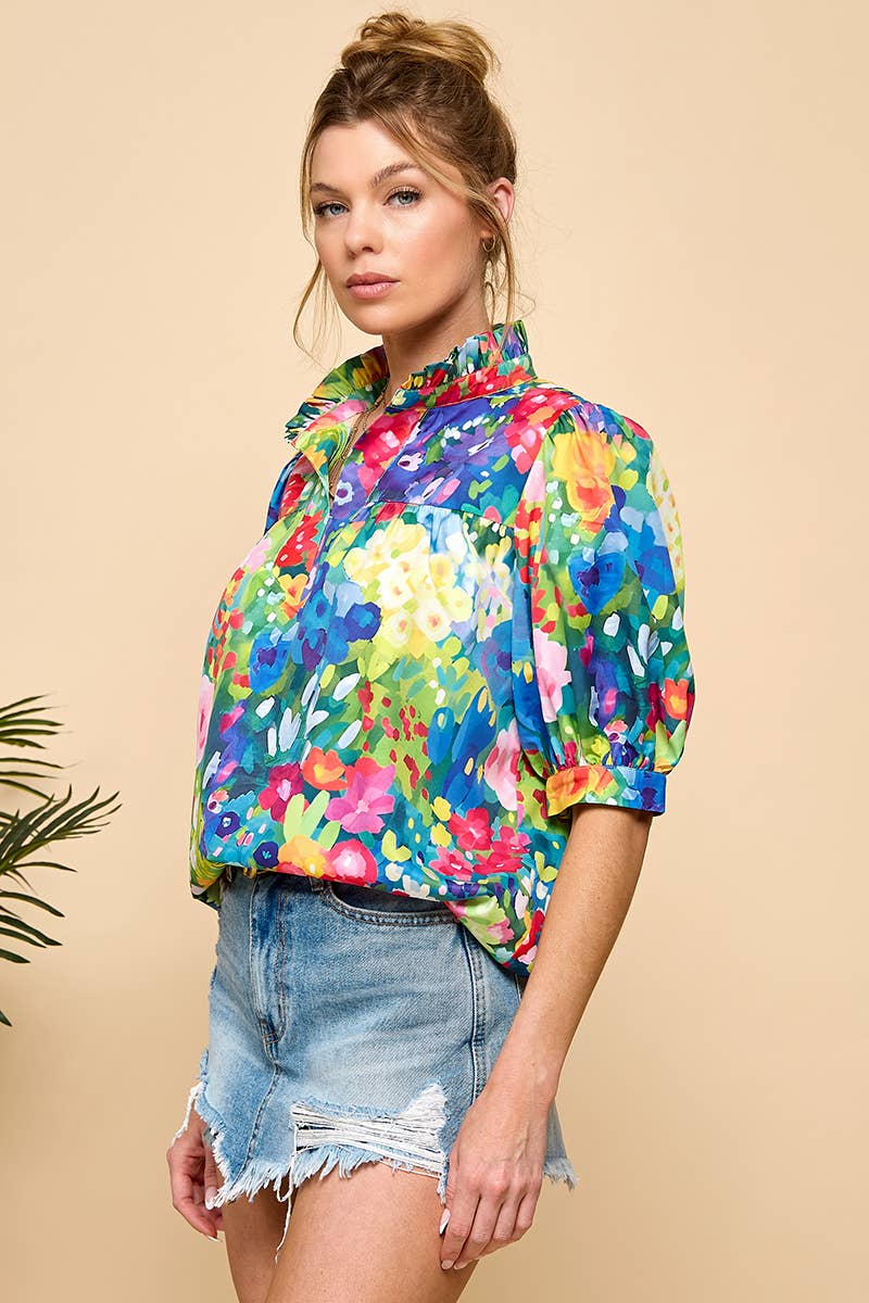 Bold Floral Puff Sleeve Blouse