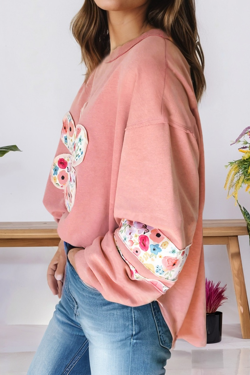 Floral Applique Patchwork Drop Sleeve Sweatshirt