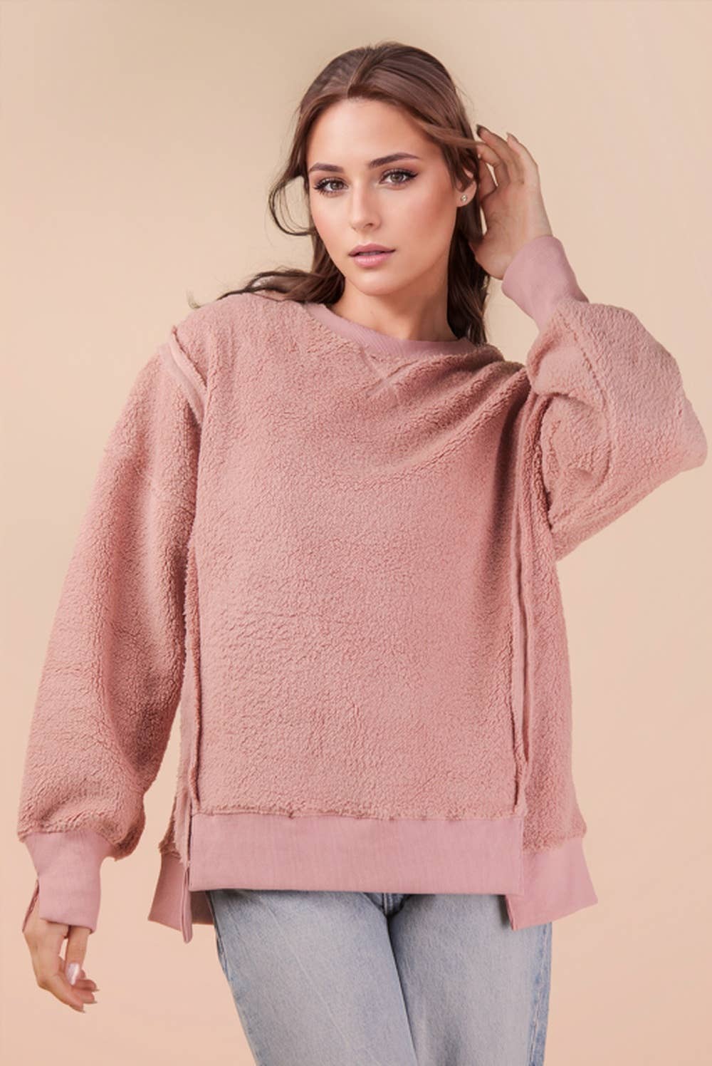NT12367-Oversized Casual Solid Fleece Top