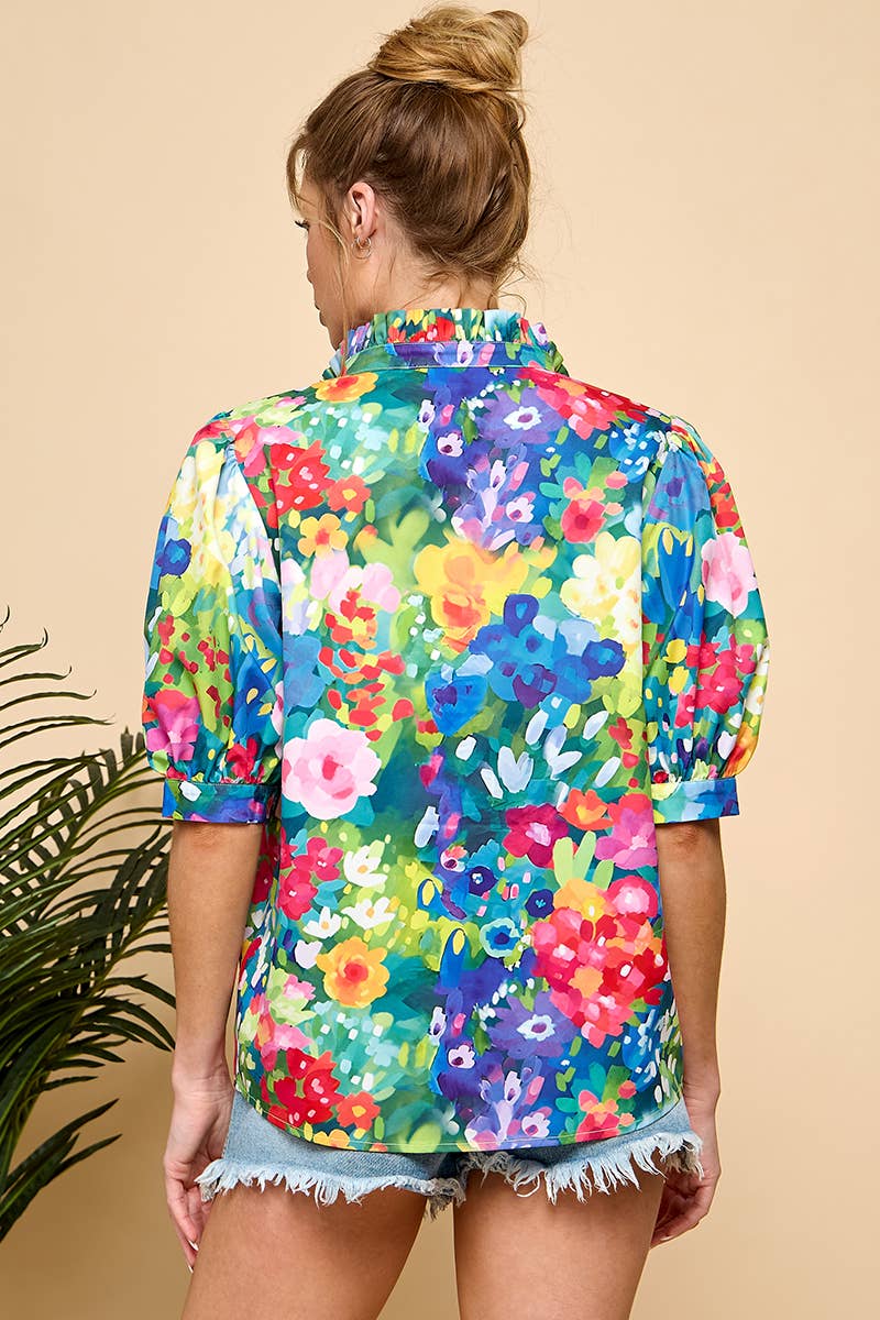 Bold Floral Puff Sleeve Blouse