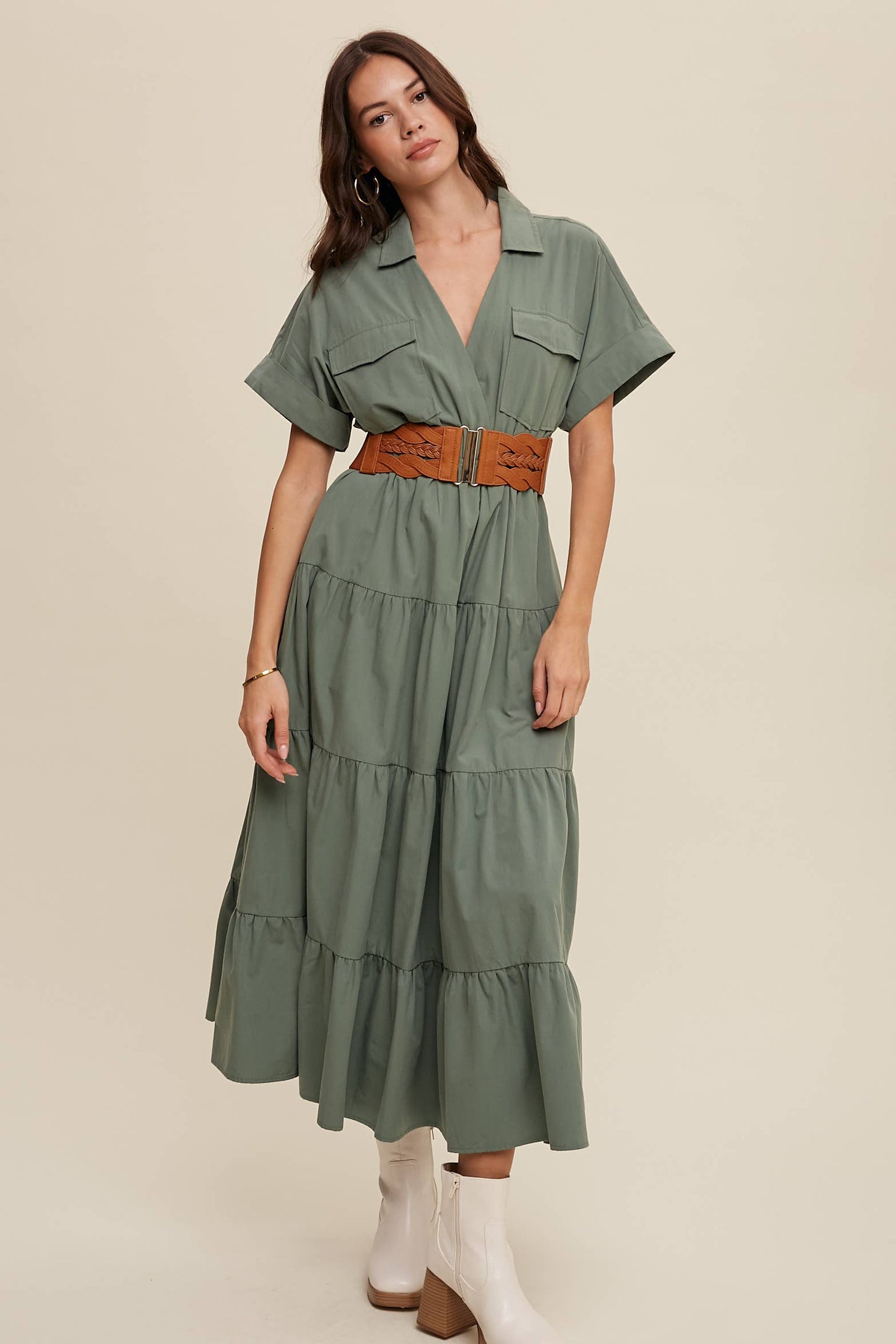 Utility Tiered Shirt Maxi Dress