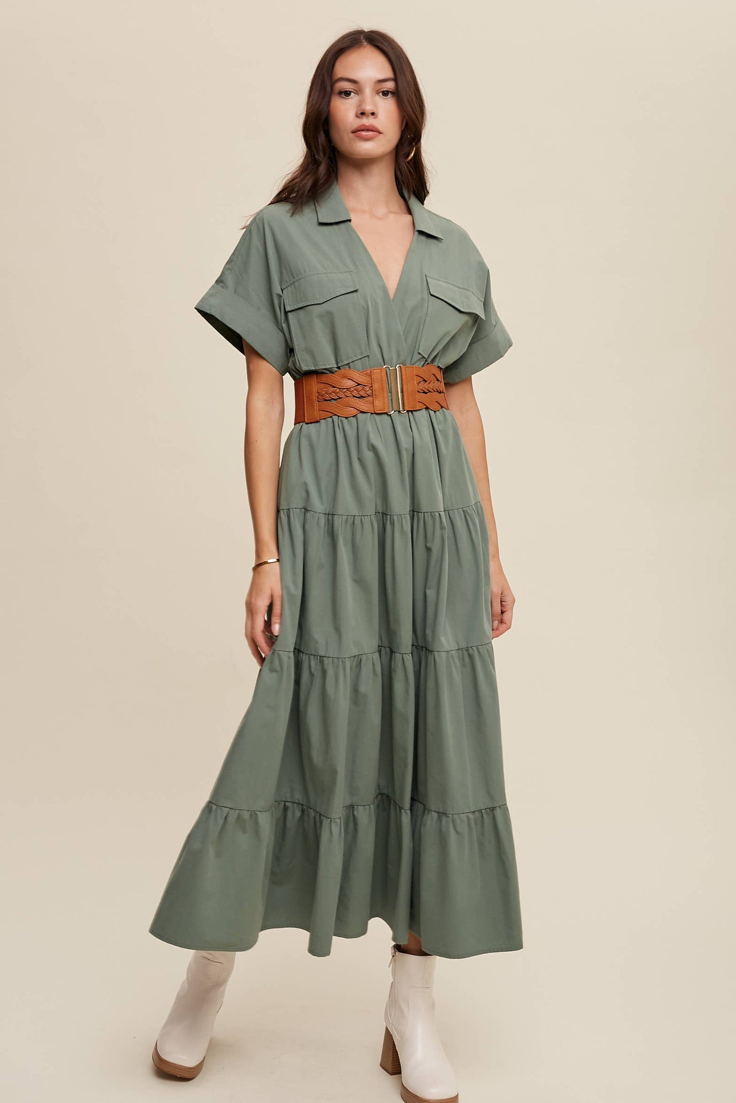 Utility Tiered Shirt Maxi Dress