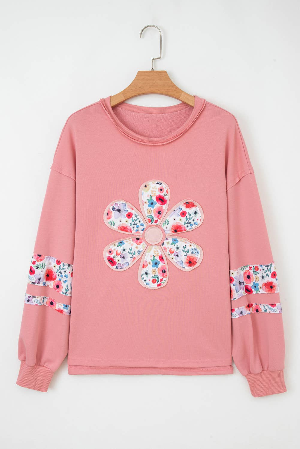 Floral Applique Patchwork Drop Sleeve Sweatshirt