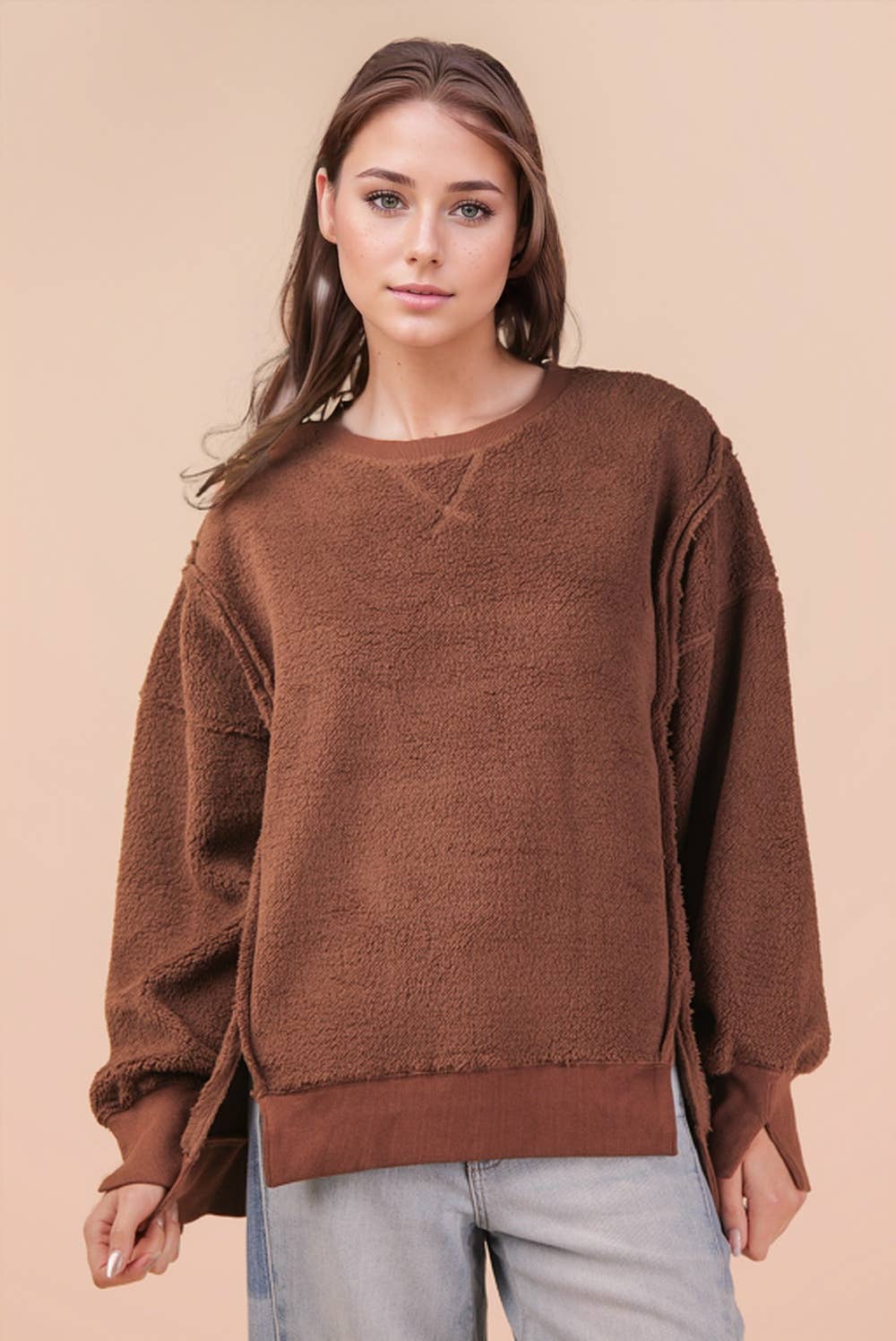 NT12367-Oversized Casual Solid Fleece Top