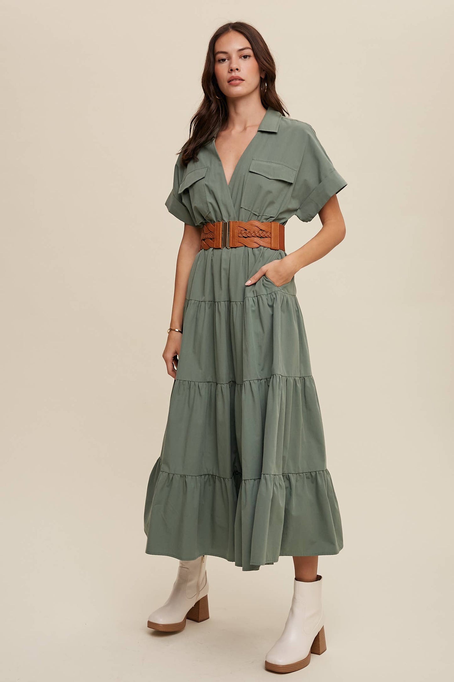 Utility Tiered Shirt Maxi Dress