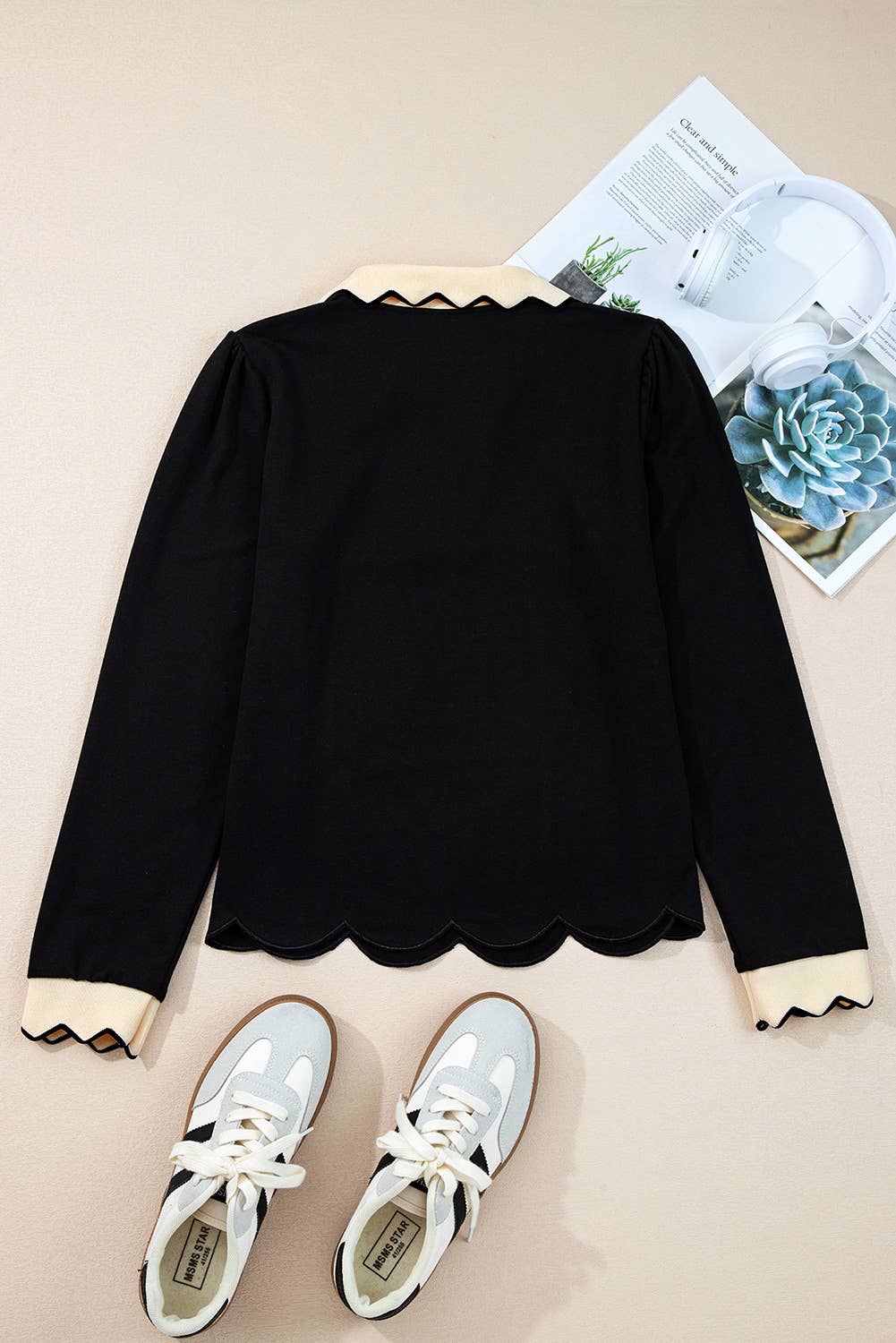 Scallop Trim Color Block Collared Top