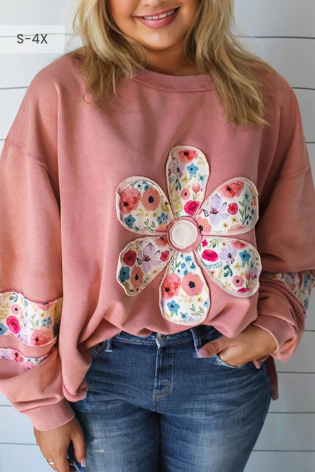 Floral Applique Patchwork Drop Sleeve Sweatshirt